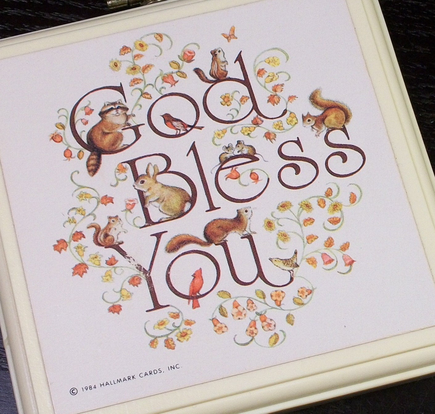 Vintage Hallmark Mini Plaque "God Bless You" Cream Forest Animals Leaves Flowers1980's