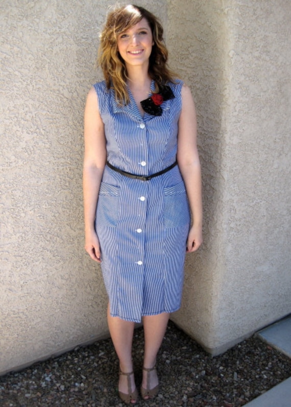 Upcycled striped sheath dress with glitter dot bow and rosette