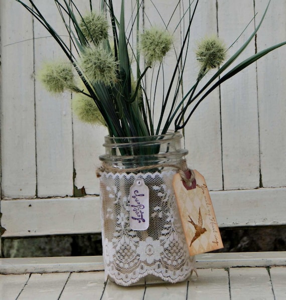 romanitc shabby chic mason jar candle holder or floral vase