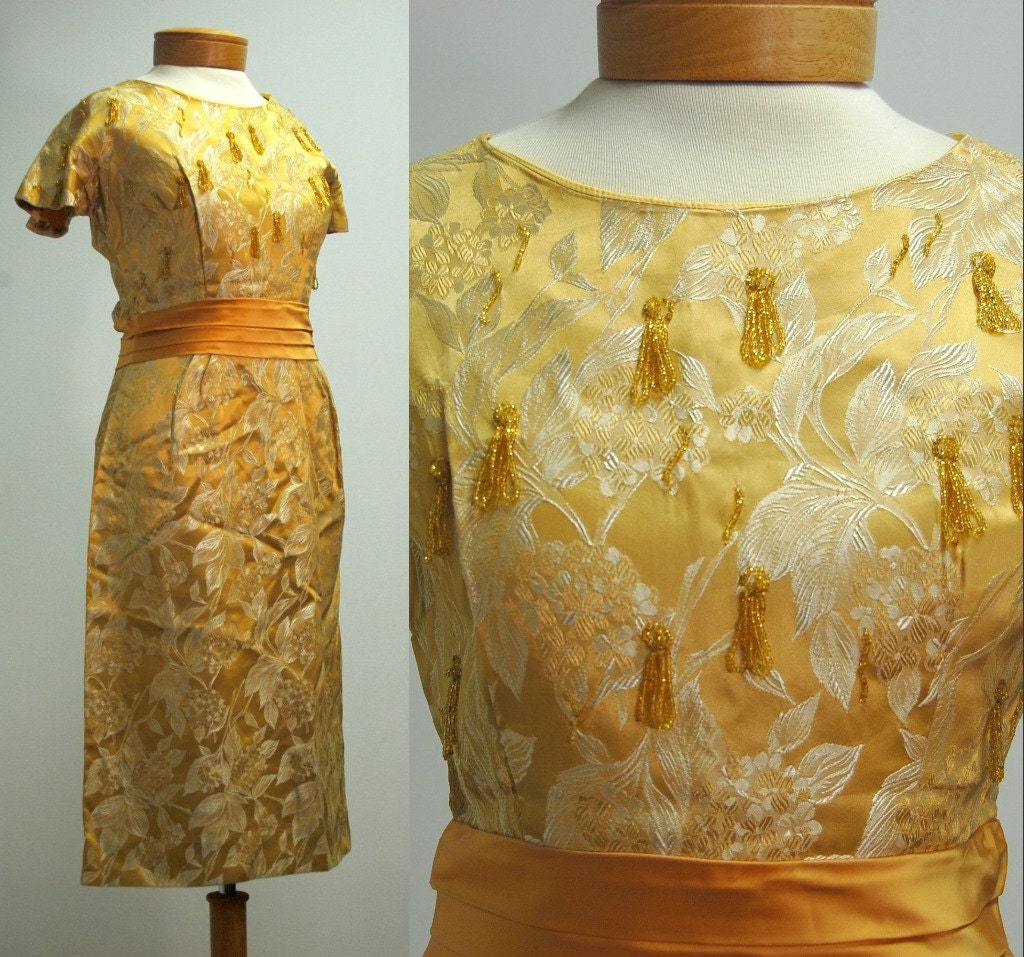FREE SHIPPING 1960s Gold Beaded Wiggle Dress