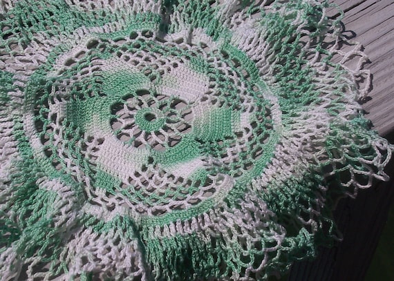 Vintage Hand Crocheted White and Green Doily with Dainty Yarn
