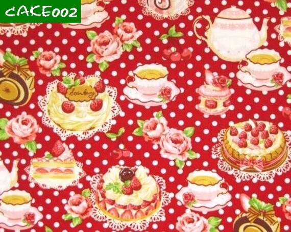 cake002 - 1 Meter Japanese Cotton Fabric - Polka Dots Tea Time - Red