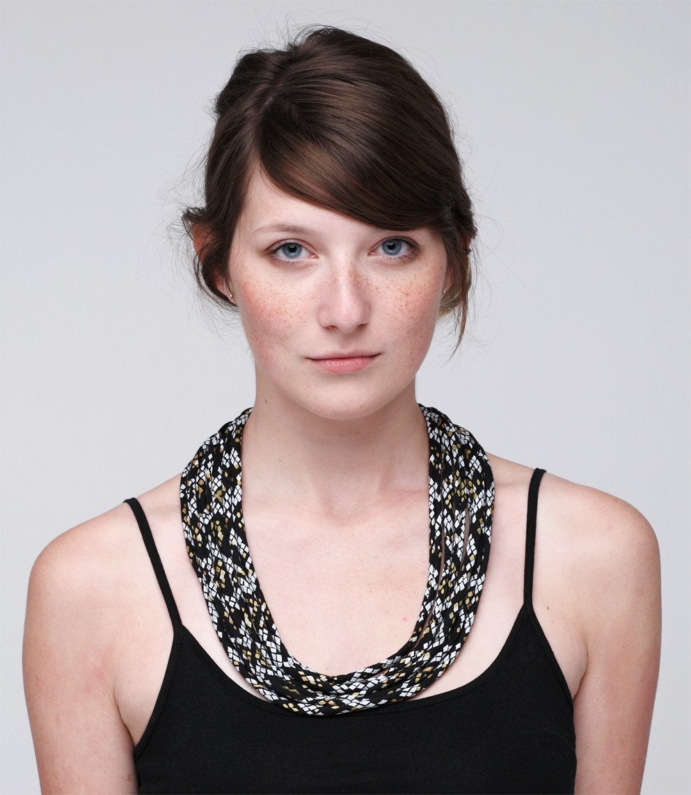 Snakeskin Hand Printed Fabric Necklace in Black, Gold, and White