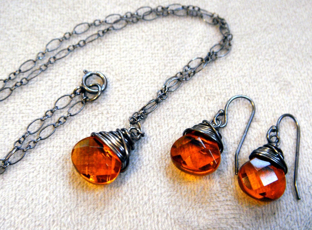 Orange and Antiqued Silver Necklace and Earring by tracedesigns necklace