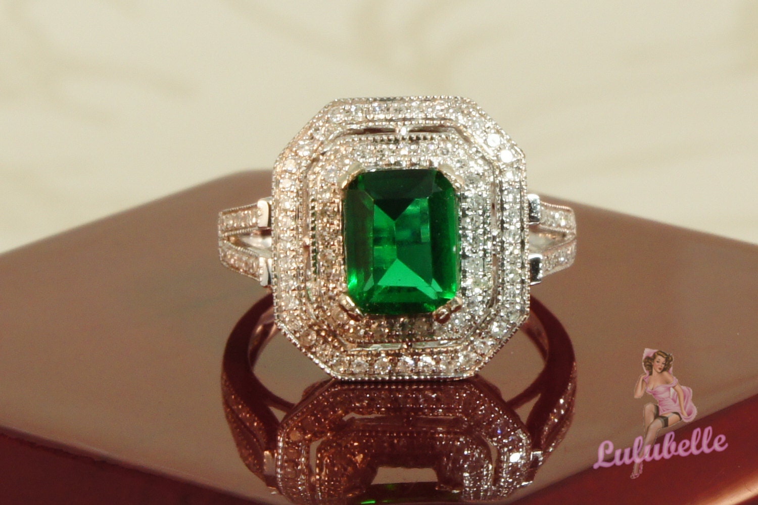 Emerald Art Deco Ring - Green Topaz and Diamond pave hezagon double halo engagement or wedding ring in 14k white gold