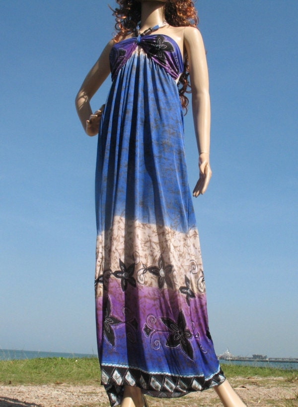 New Blue Maxi Floral Beach Bra Top Ladies Summer Long Dress Size S M Free Earring