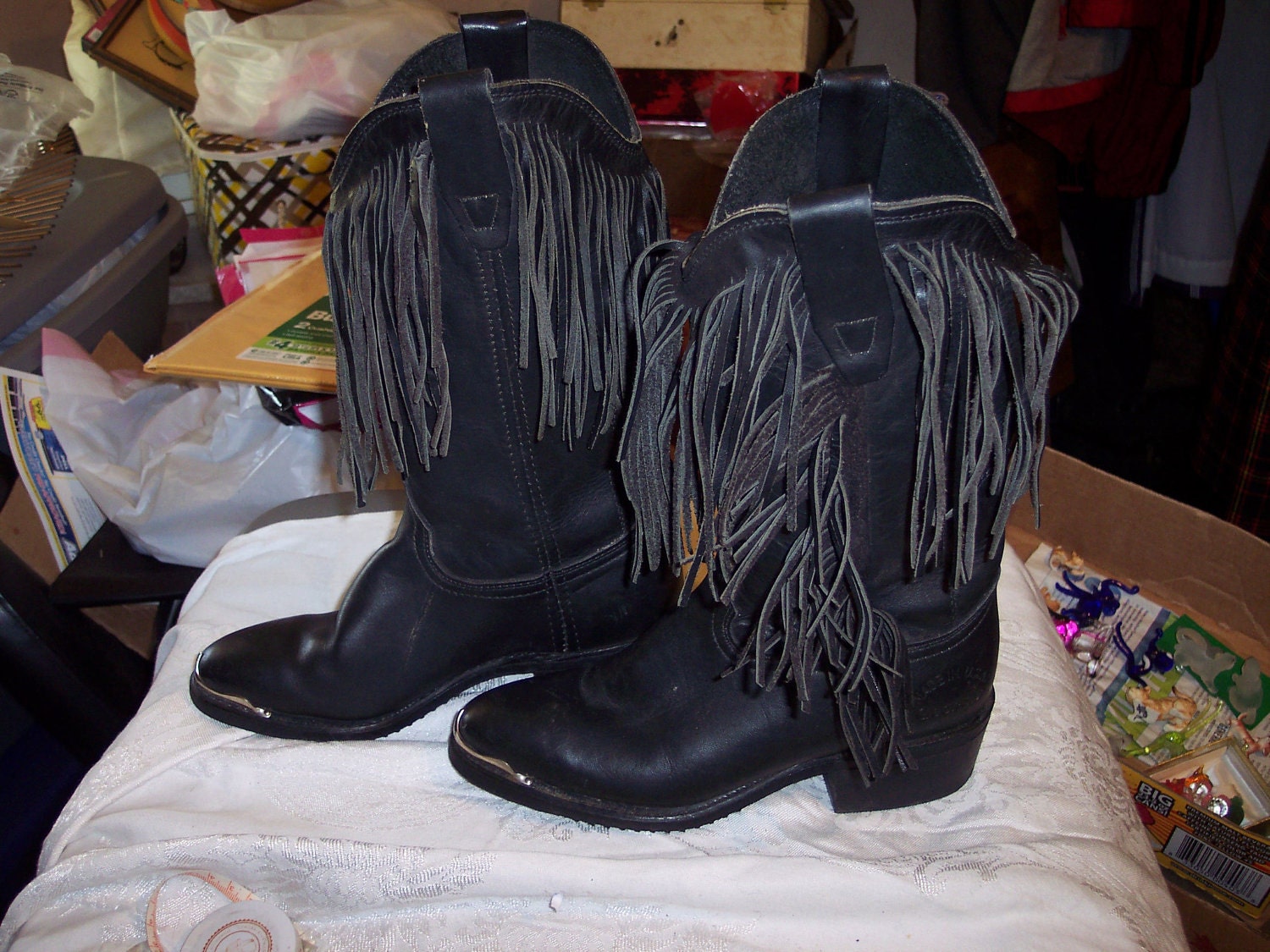 Vintage Georgia   black leather fringe western Riding cowboy  boots size  6