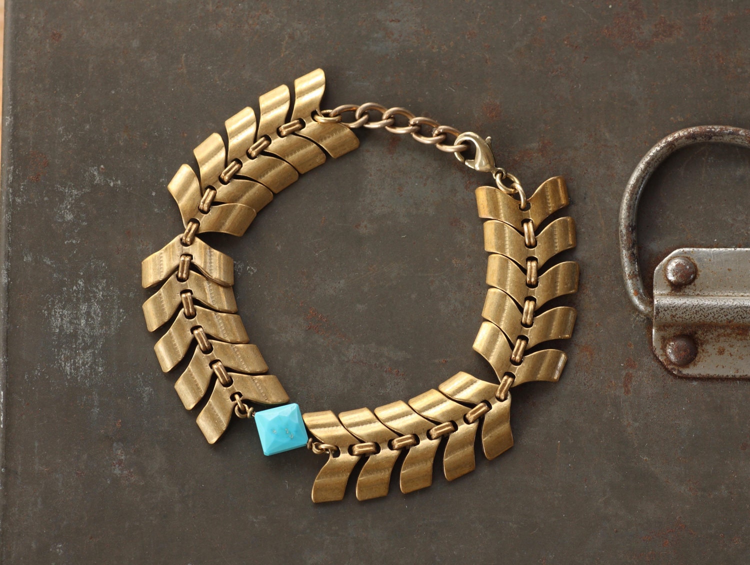 Choctaw - Sleeping Beauty Turquoise Diamond and Brass Bracelet by Prairieoats