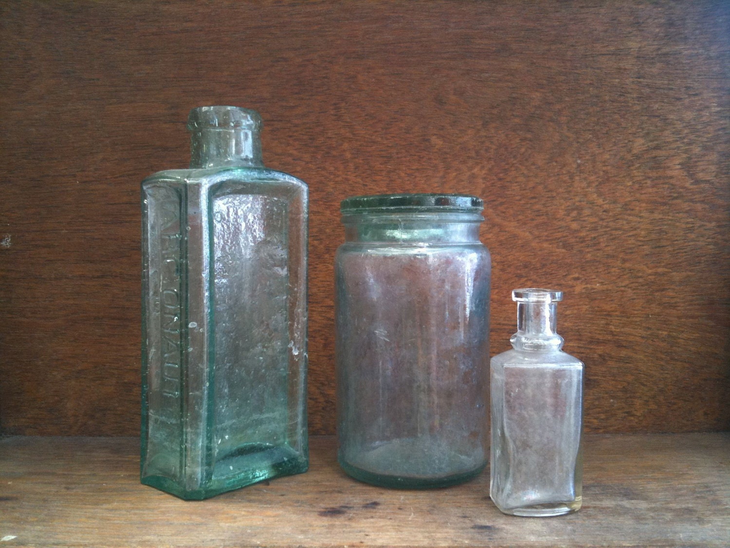 Three Assorted English Vintage Glass Jars / Bottles