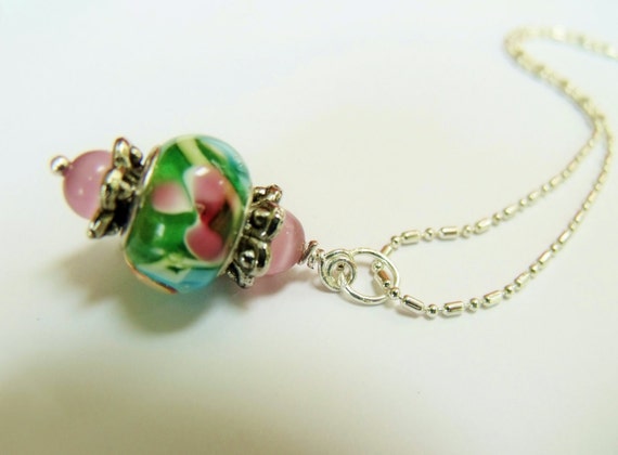 Pink and Green Floral Lamp Work Bead Pendant Necklace