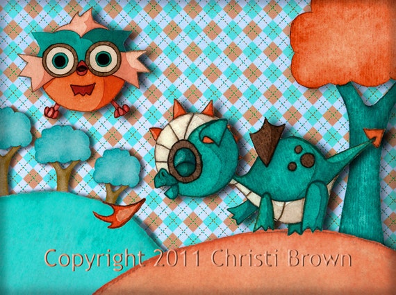 Owl and Dragon Nursery Art Print Recycled Paper for 5 x 7 frame