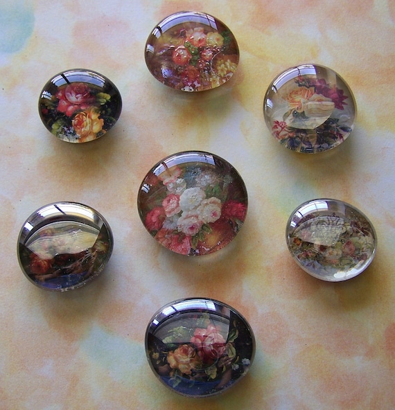 Set of 7 Assorted Upcycled Flora Glass Marble Magnets