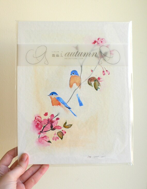 30% off SALE - Birds and Blossoms - Limited Edition - 11/200 - 8 x 10 Giclee Print - Bluebirds with Cherry Blossoms