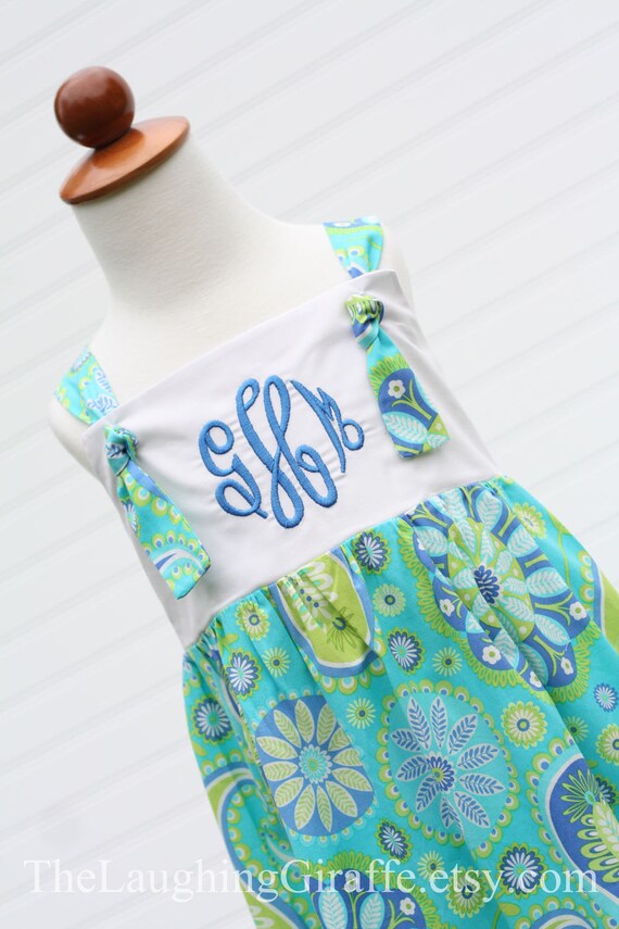 NEW - Aquamarine...Versatile Knot Dress with Monogram...Size 3, 6, 9, 12 months, 1, 2, 3, 4, 5, 6, 7...by The Laughing Giraffe