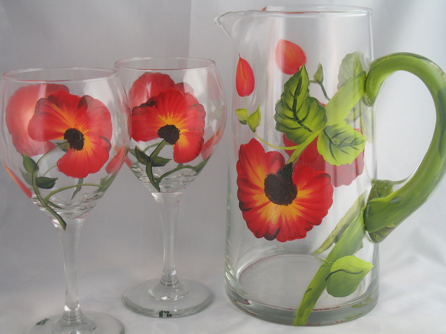 Glass Pitcher and glasses with painted Poppy