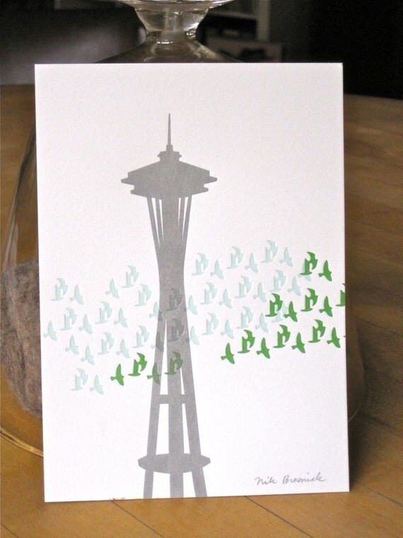 letterpress space needle with green and pale blue flock