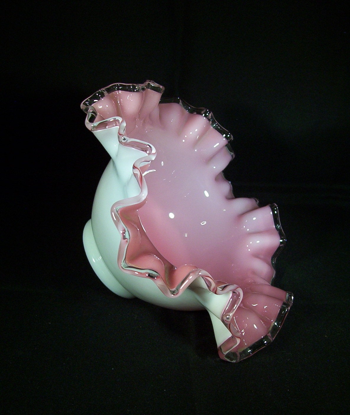Vintage Fenton Bowl Crested Ruffled Crimped Cased White with Rose Interior