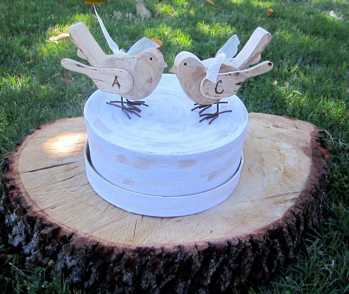 Two  Personalized Love Birds Wood Wedding Cake Toppers Vintage Antique Rustic Cake Decoration Shabby Chic