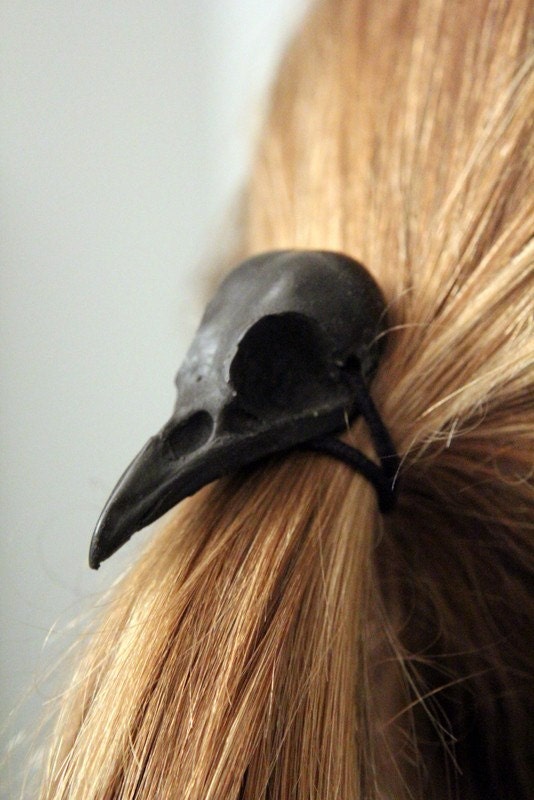 Black Raven Skull Hair Tie - Pony Tail Holder -Bird Crow