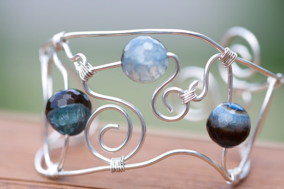 Pretty Sterling Silver Bangle Bracelet with Blue Agate, Unique, gift,summer,second item ships free