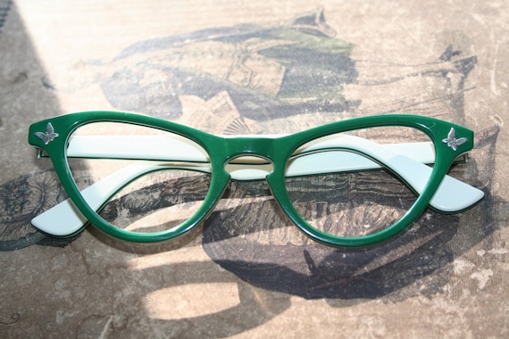 Vintage Cat Eye Glasses Frames Green with Butterflies 1950s