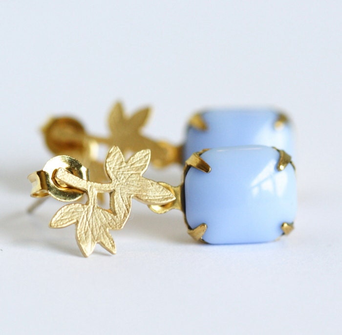Free Shipping - Gold Palm Leaf and Vintage Cornflower Blue Jewel Earrings