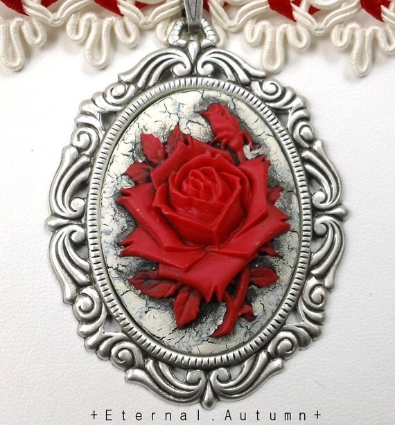 The Red Queen's Wedding ...hand painted crackle finish Red Rose Cameo pendant on Woven ribbon choker