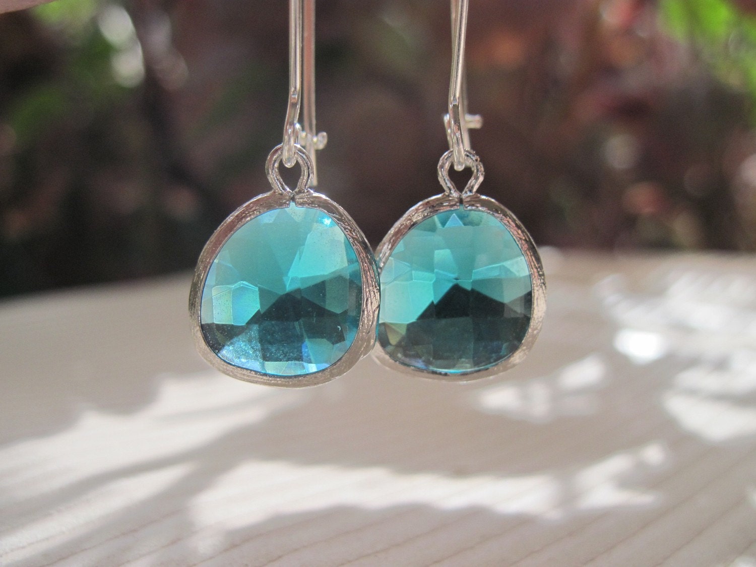 Silver Framed Blue Zircon Glass Stone Pendant Earrings