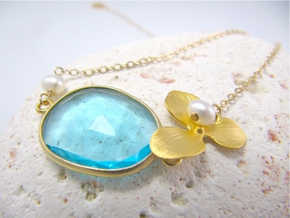 Stunning Blue Topaz Bezel Set in 22k Gold Vermeil Necklace with Petite White Freshwater Pearls and Gold Orchid Flower