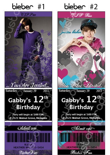 printable justin bieber birthday invitations. Justin Bieber Ticket Birthday Invitations (DIY Printable or Print amp; Ship)