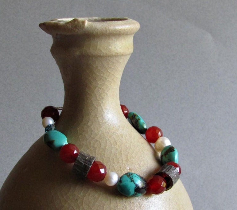 Turquoise and Carnelian Bracelet with Fine Silver Beads