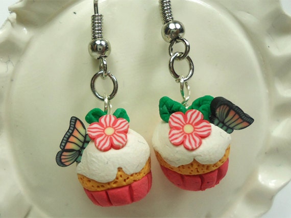 Summer butterflies and flowers pink polymer clay cupcake earrings