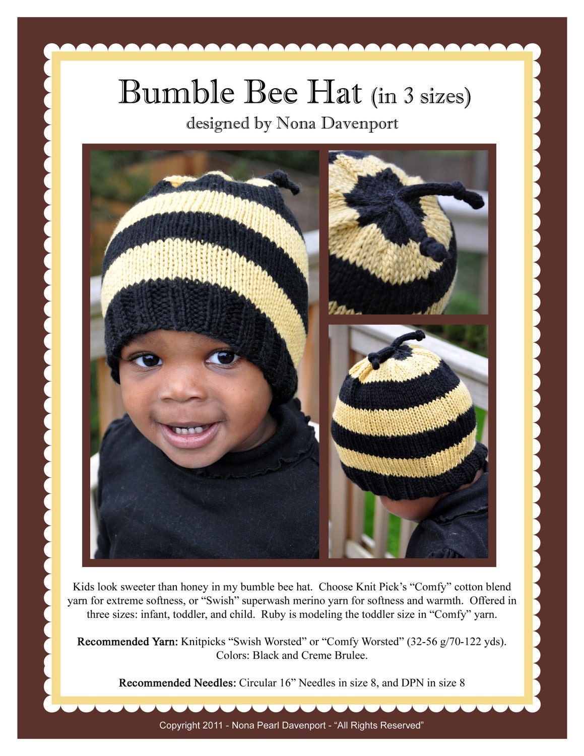 Bumble Bee Hat (in 3 sizes) Pattern PDF
