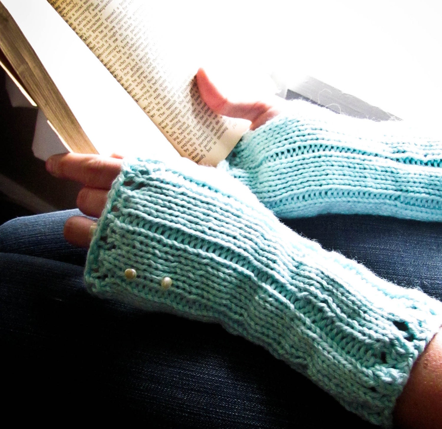 FREE SHIPPING Jane Austen Reading Gloves "Mint Blue" - 100% cotton
