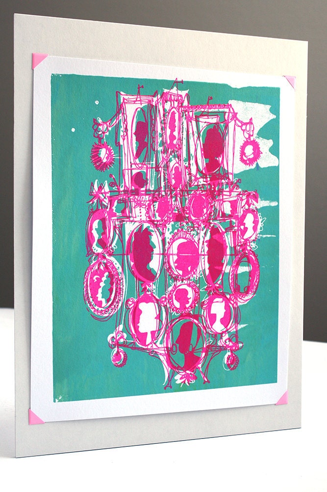 Cameo - cartoon style screen print, seafoam / hot pink (8x10)
