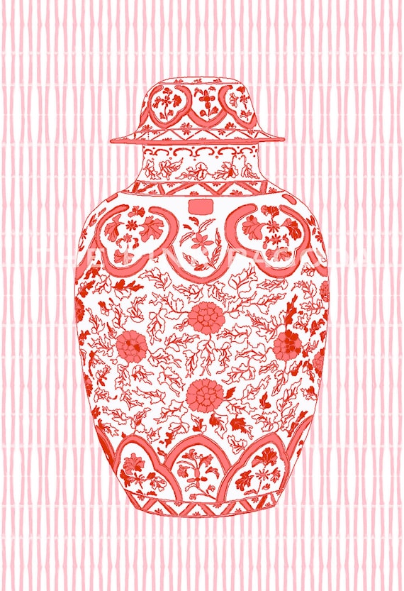 Coral Ming Chinoiserie Ginger Jar on Bamboo Stripe 13x19 Giclee