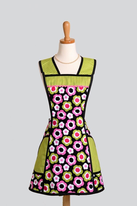 Vintage Inspired Apron / Fun Floral Print in Pink Green White and Black on Black Coordinated with Green and Black Stripe