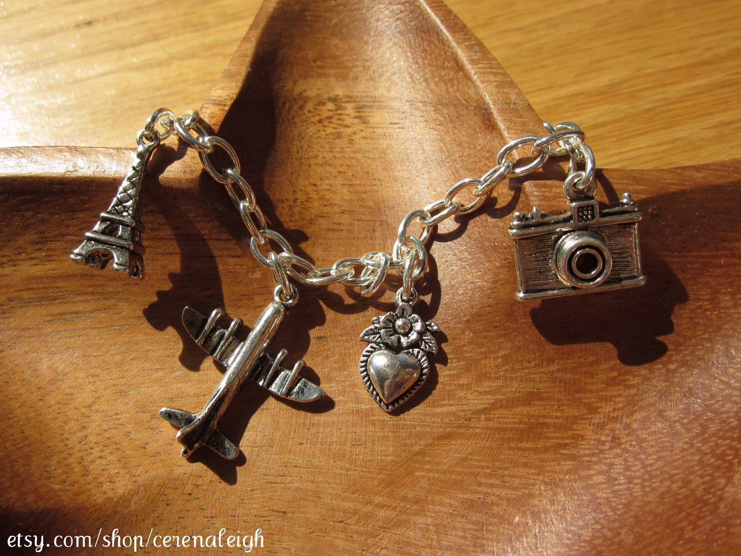 Silver Camera, Heart, Plane, Eiffel Tower Filigree Charm Bracelet