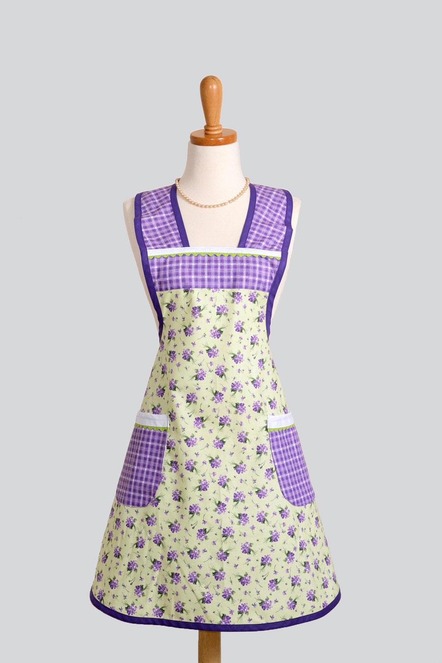 Womens Vintage Inspired Apron / Purple Flower Bouquet on Lime Green Trimmed in Purple and White Plaid