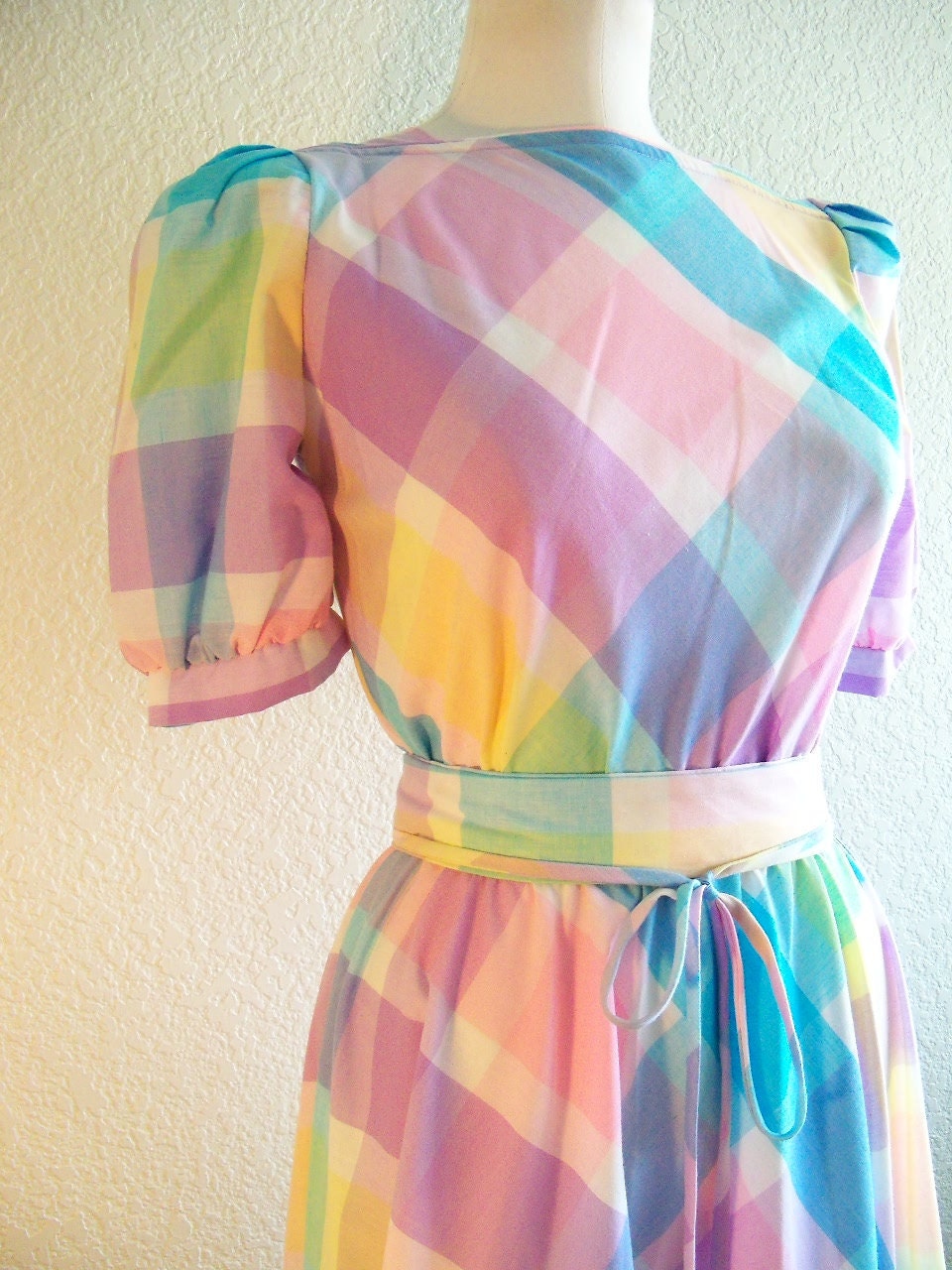 vintage 80s plaid princess shoulder summer dress size 7