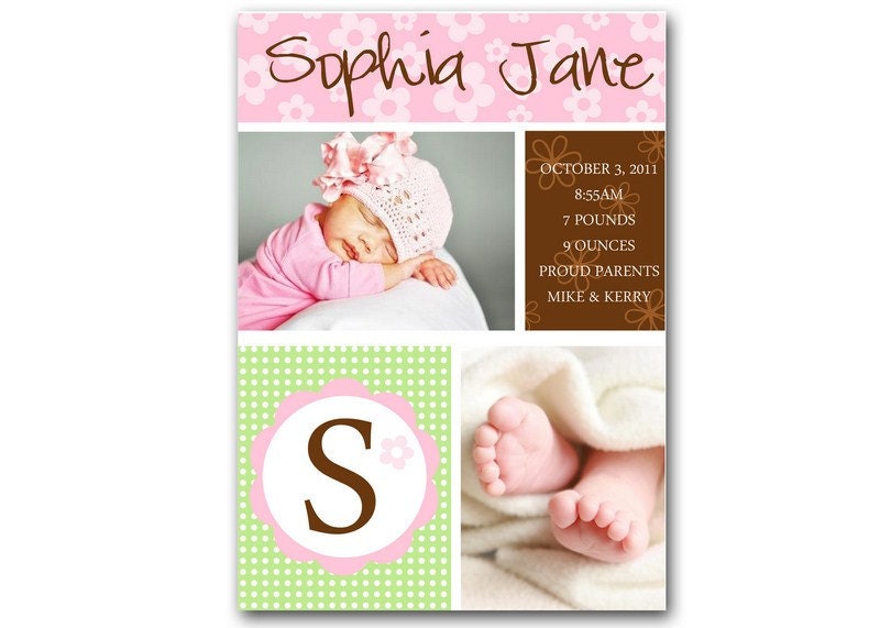 SWEET FLOWERS Birth Announcement for Baby Girl. Little Flowers and multiple photos