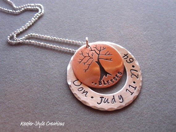 Hand stamped washer with copper family tree cut out necklace