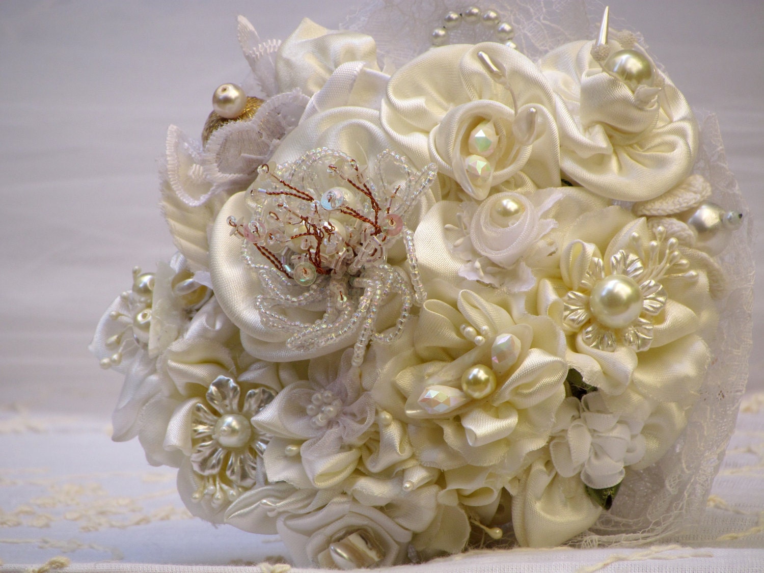 BRIDAL BOUQUET Cream And White Satin Beaded Handmade Flowers