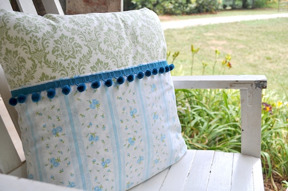 Bible Memory Verse Pillow Cover,Vintage Turquoise and Green with Turquoise Pom Pom Trim