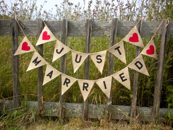 Just Married Burlap Bunting with Red Heart