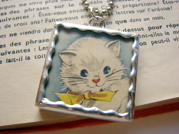 Cute White Kitten Soldered Glass Charm Pendant Necklace- Cat Kitty Animal Pet