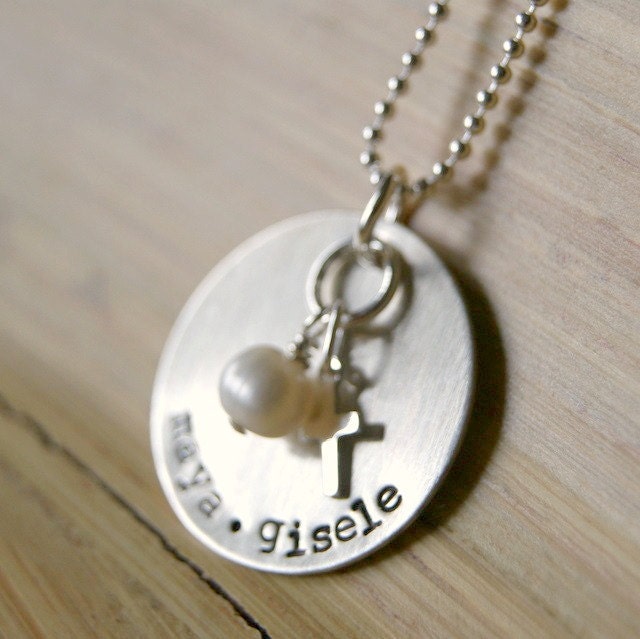 Personalized Hand Stamped Children's names necklace for mom with sterling cross and pearl