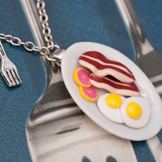 Roscata Eggs and Bacon Greasy Spoon Plate Double Necklace - Handmade Polymer Clay Miniature Food Jewelry