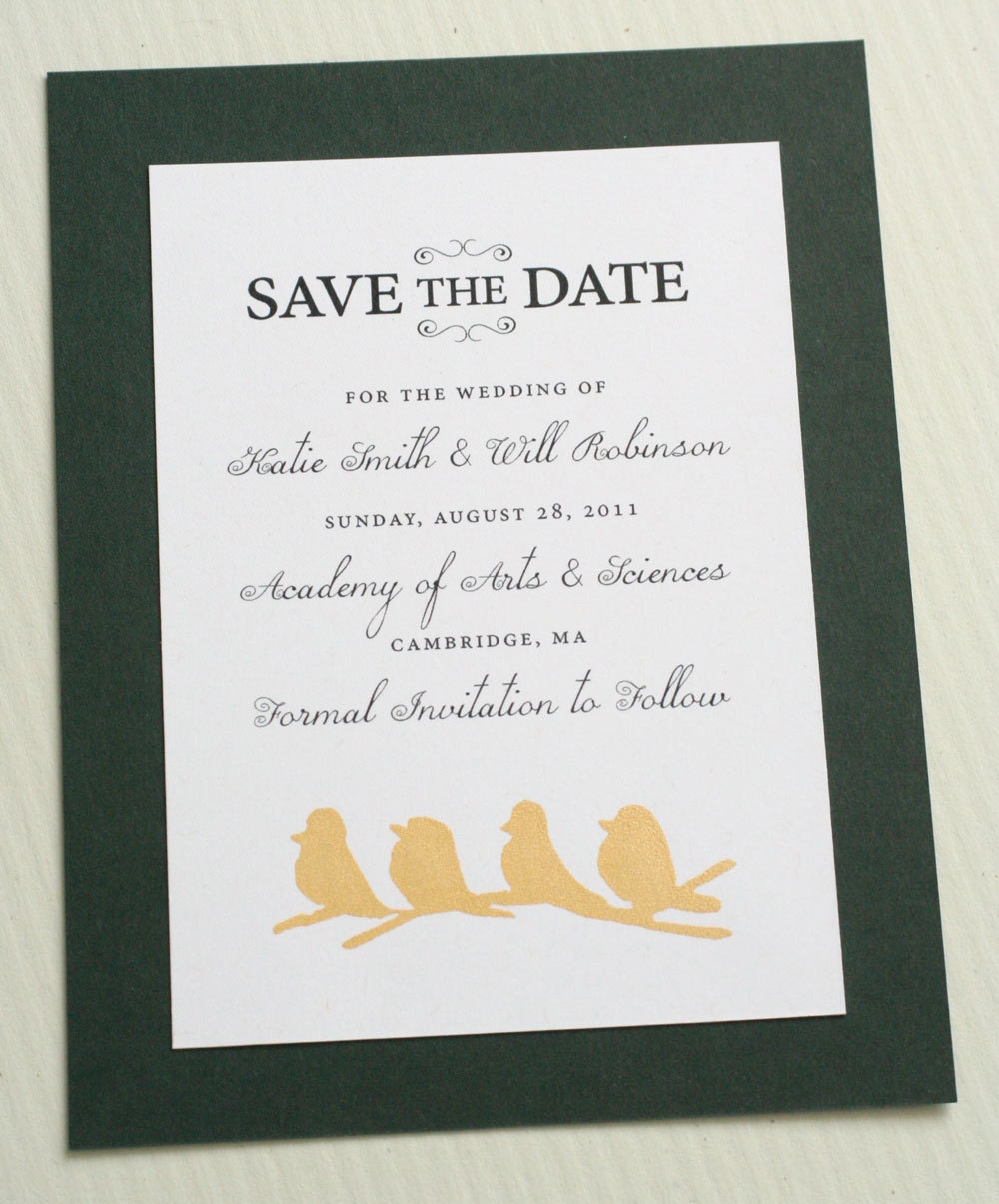 Four little birds screen-printed in metallic gold save the date card