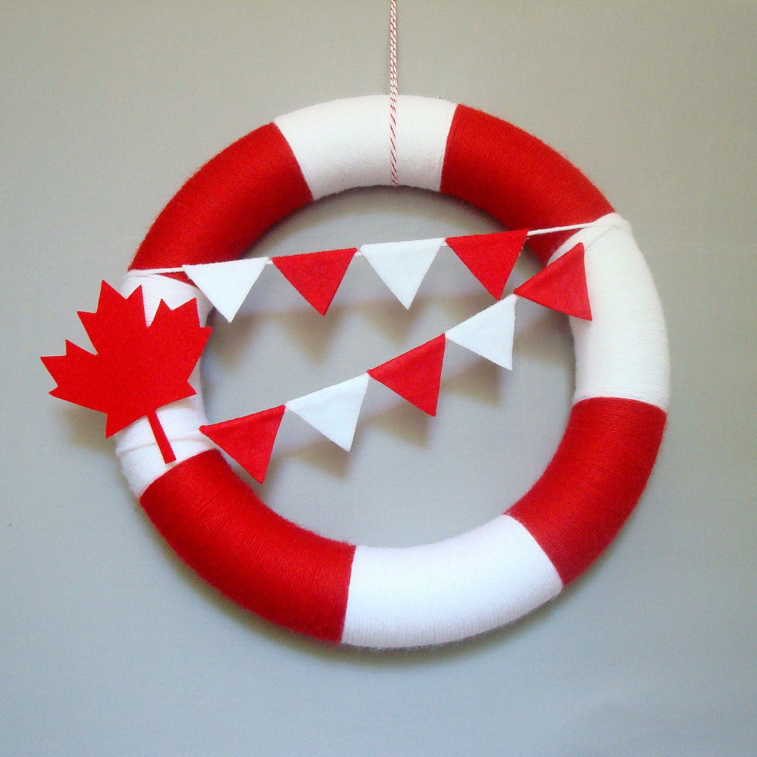 SALE Canada Day Yarn Wreath Red, White, Maple Leaf, Bunting Flags